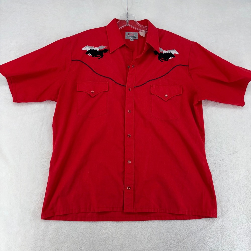 Ely Diamond Mens Red Western Shirt Embroidered Horses Pearl Snap Short Sleeve L